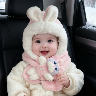 宝宝帽子冬天毛绒帽男女童可爱兔子婴儿围脖一体帽加厚保暖护耳帽