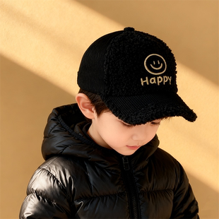 儿童帽子男潮秋冬季男童女孩羊羔绒笑脸棒球帽宝宝保暖防寒鸭舌帽