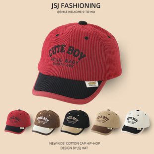 儿童鸭舌帽秋冬季洋气字母刺绣灯芯绒红色系男童女童宝宝棒球帽潮