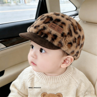 儿童帽子男童女童秋冬保暖毛绒加厚棒球帽户外防风宝宝豹纹鸭舌帽