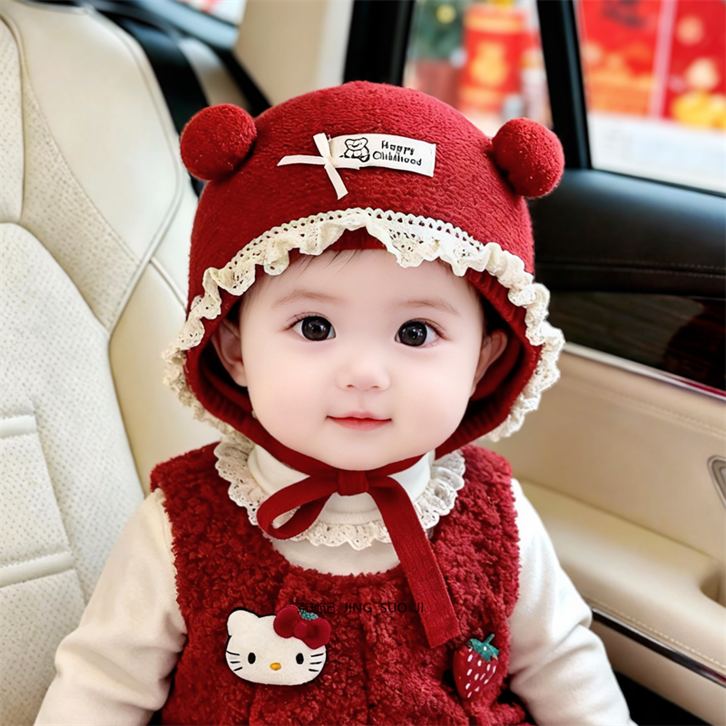 婴幼儿帽子秋冬可爱女宝宝新年红色喜庆公主护耳帽女童针织毛线帽