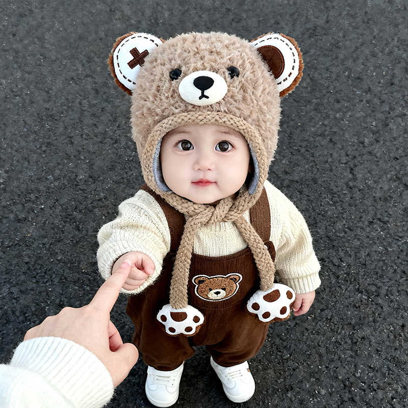 小熊儿童护耳帽秋冬款防风毛线帽