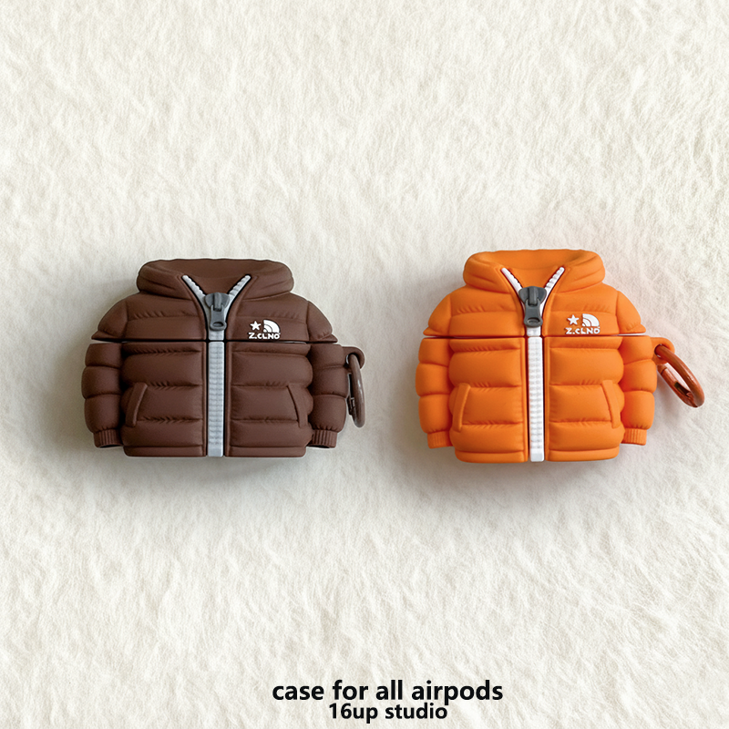 橙色棕色羽绒服适用airpodspro二三代保护套潮牌情侣男女运动风卡通小众苹果耳机壳2/3降噪版4立体硅胶防摔软