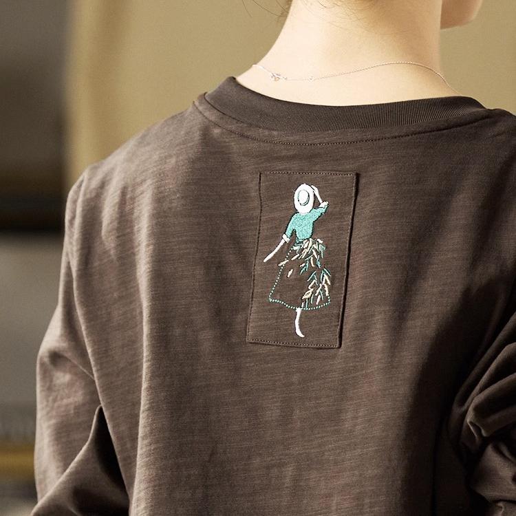 谷家 100%竹节棉贴布绣花长袖T恤 原创设计全棉刺绣显瘦上衣女秋