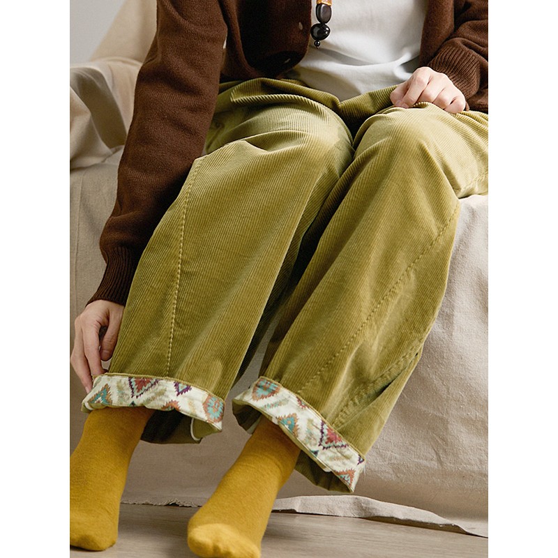 谷家 原创文艺灯芯绒拼色休闲长裤 2025秋冬慵懒百搭阔腿弯刀裤子