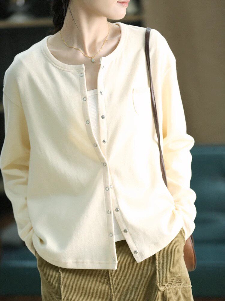 柔棉纯色圆领开衫 约简气质全棉排扣短款小外套 2026春新款