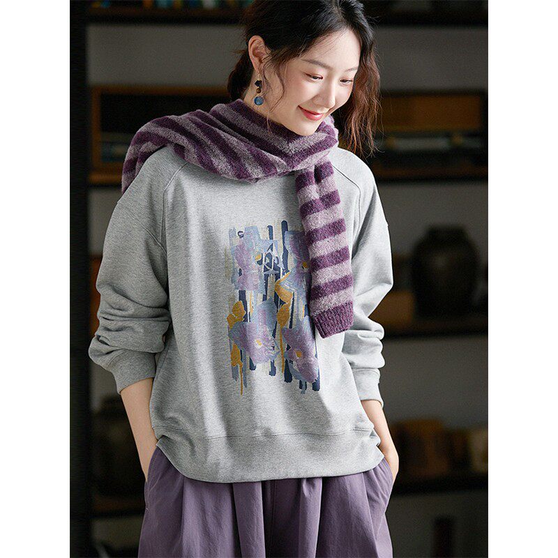 谷家 100棉花卉图案圆领印花卫衣 原创文艺宽松保暖毛圈上衣26春