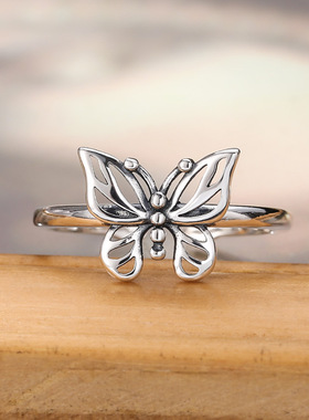 小众银饰s925纯银戒指银饰品韩版简约精美蝴蝶尾戒女款开口戒指