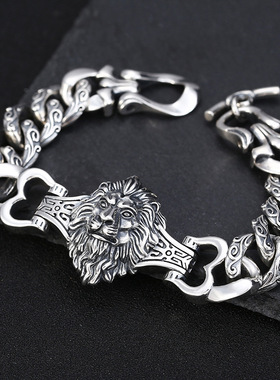 小众银饰s925纯银男士手链饰品复古泰银霸气狮子头手环手镯银饰品