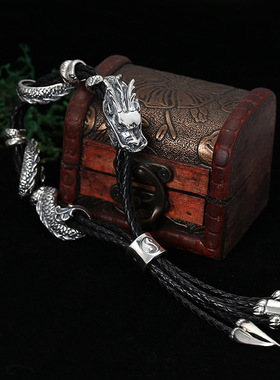 小众银饰S925纯银饰品复古男士手链多圈皮手绳龙可伸缩手链手环