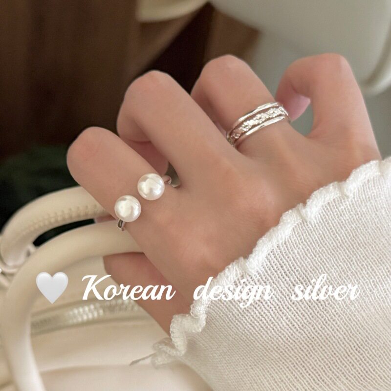 韩版小众设计银戒指饰品S925纯银珍珠戒指ins风开口叠戴指环女款