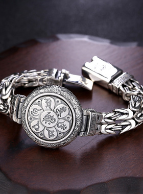 小众银饰925纯银复古做旧男士转动六字真言手链粗款宽版泰银手环