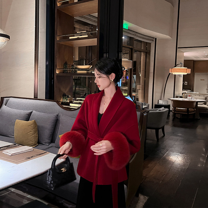 红色双面羊绒大衣女2025新款秋冬高端气质袖口狐狸毛结婚毛呢外套