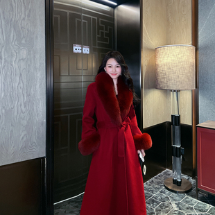 红色大毛领双面羊绒大衣女冬新款韩版高级感宽松气质结婚毛呢外套
