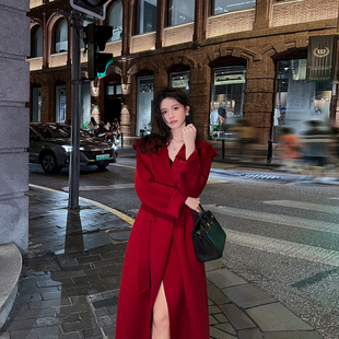 红色连帽双面羊绒大衣女2025冬季新款高端气质结婚宽松毛呢子外套