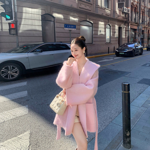 高级氛围感拉绒羊绒大衣女冬新款韩版小个子气质宽松连帽毛呢外套