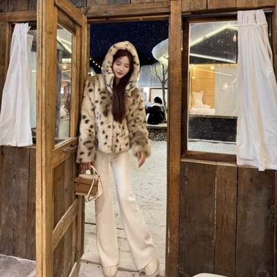 【SALE服饰】冬季豹纹皮草短外套女韩系宽松无领毛毛气质