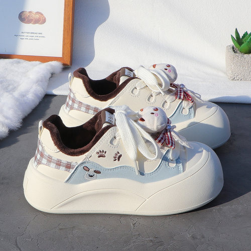 2025秋冬季可爱厚底面包休闲鞋女加绒保暖学生板鞋运动二棉鞋百搭