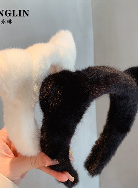 秋冬毛绒猫耳朵发箍女洗脸头饰高端宽边洋气毛毛头箍百搭外出发卡