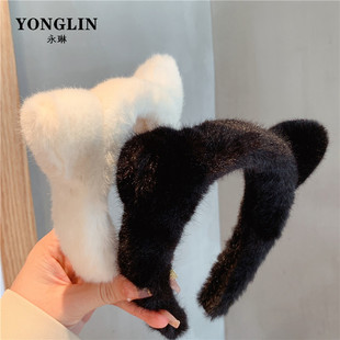 秋冬毛绒猫耳朵发箍女洗脸头饰高端宽边洋气毛毛头箍百搭外出发卡