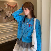 Amoeba原创韩系波点甜美针织开衫 宽松秋季 温柔软糯学院风毛衣外套