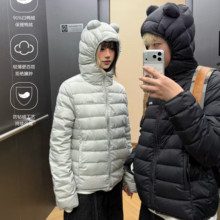 Amoeba甜酷小熊耳朵连帽排骨羽绒服90白鸭绒女冬季轻薄保暖外套