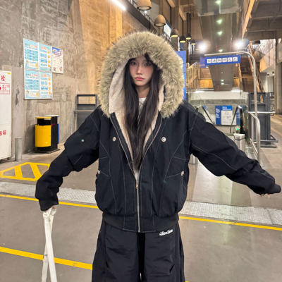 国潮宽松毛领仿兔毛座山雕外套