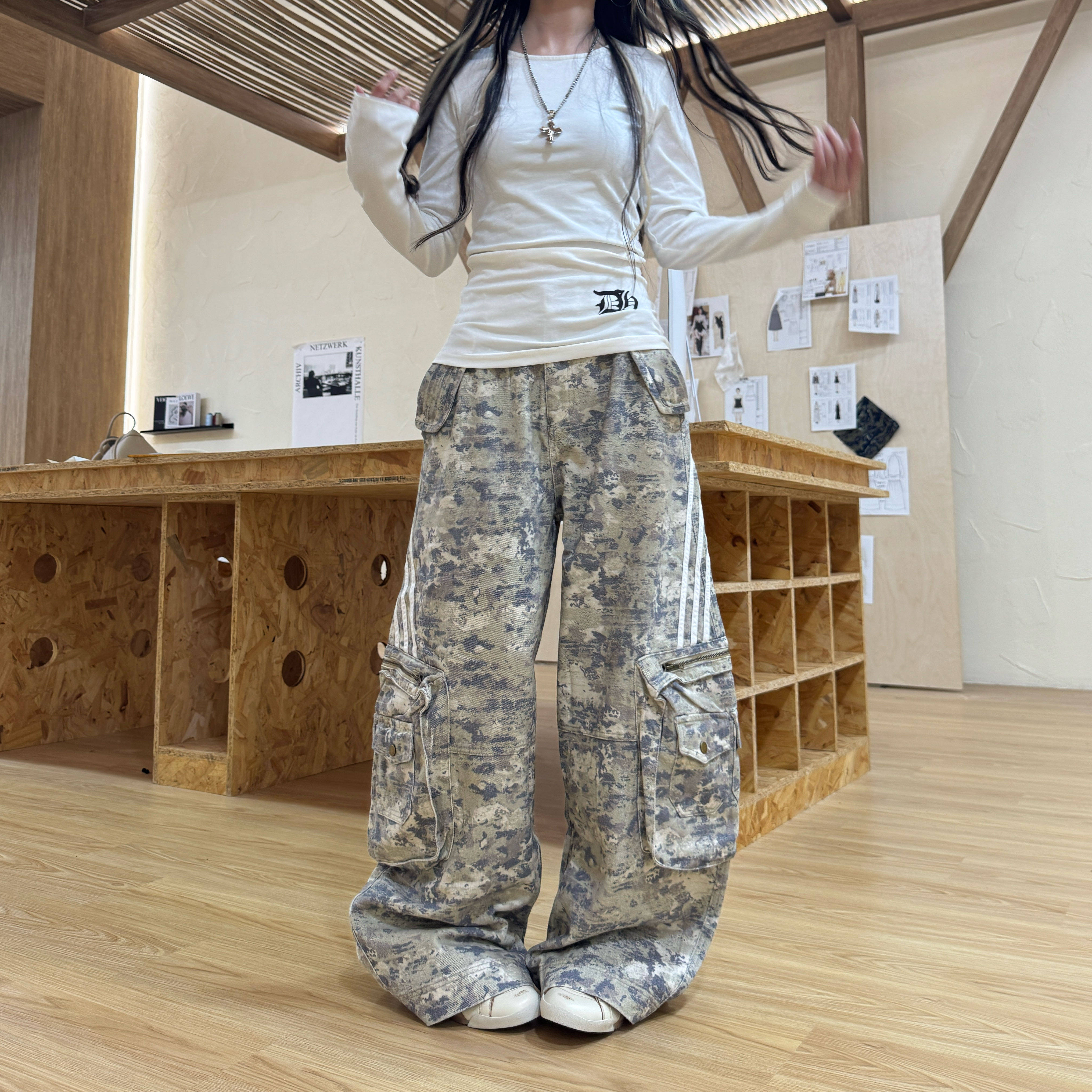 Amoeba美式复古重磅多口袋条纹迷彩工装裤男女宽松阔腿弯刀长裤