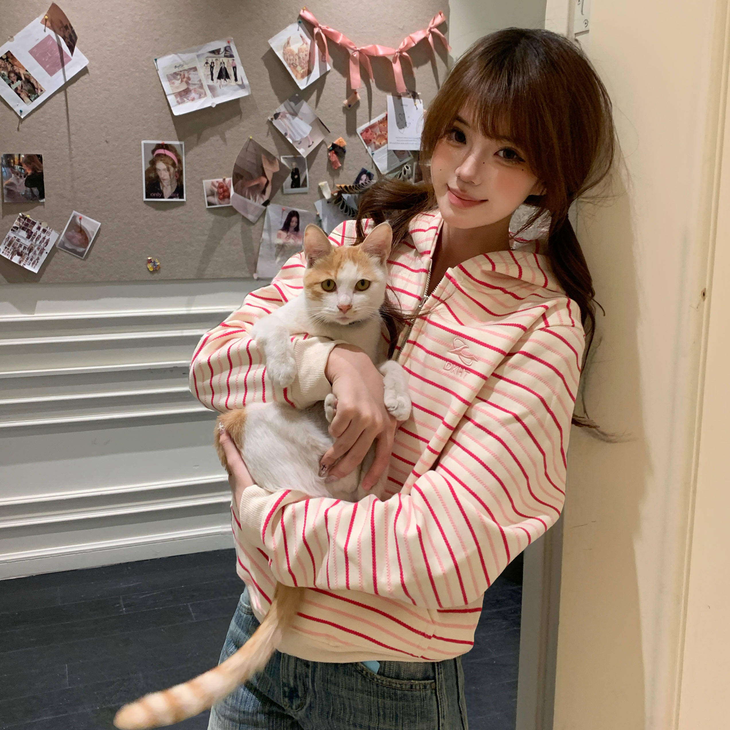 Amoeba原创韩系休闲甜酷条纹连帽拉链开衫冬季加绒针织衫卫衣外套