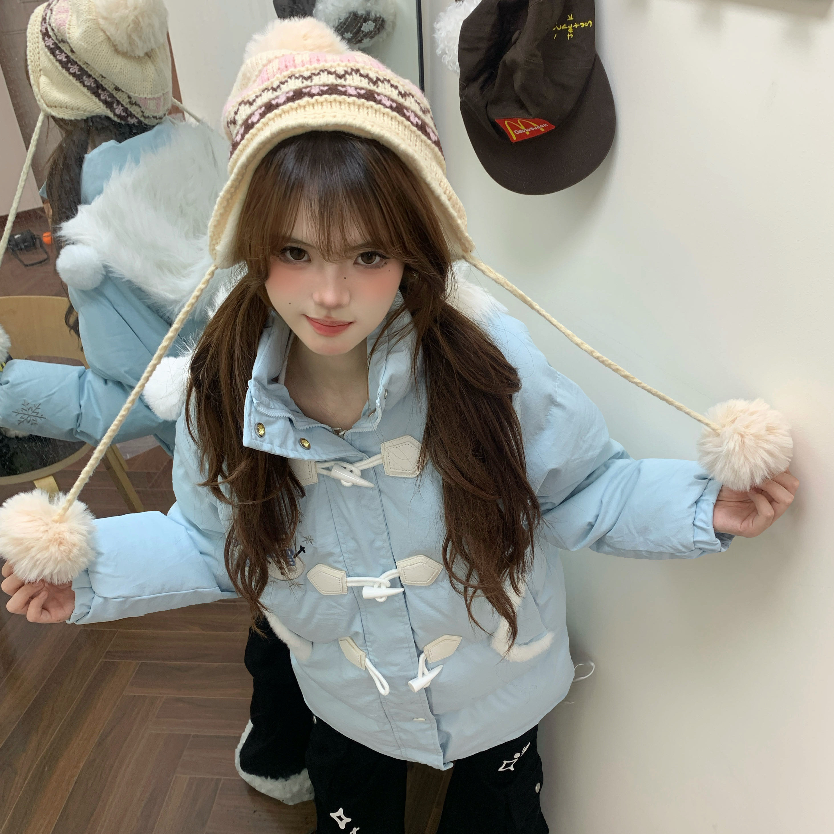 Amoeba设计感雪人帽子毛领牛角扣中长款棉服女冬季宽松保暖外