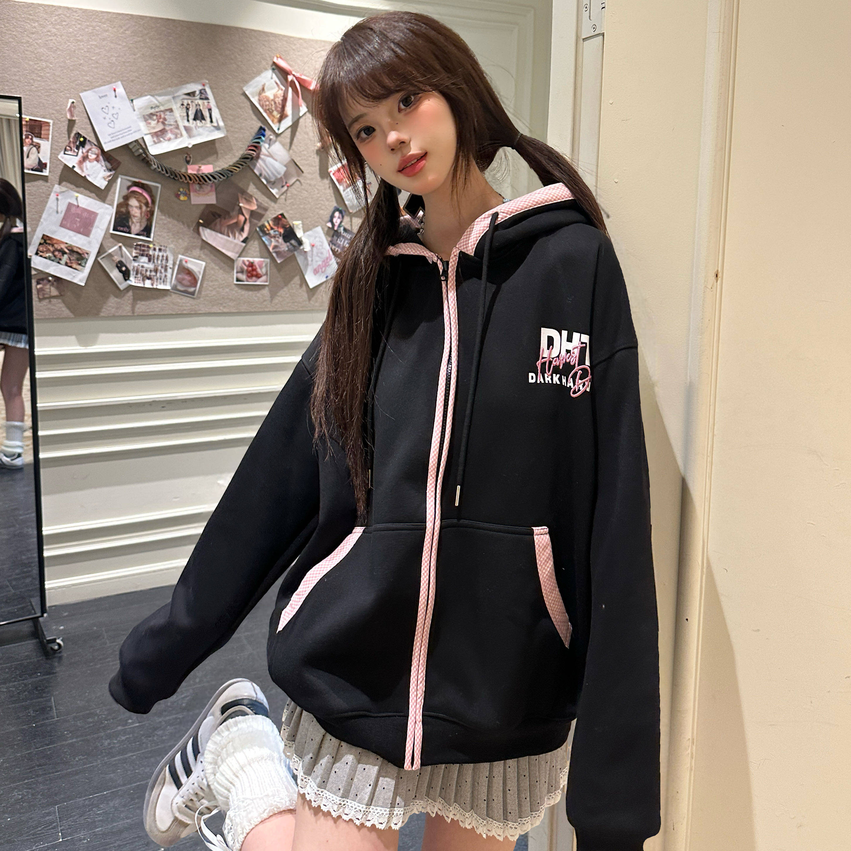 Amoeba美式复古格子拼接刺绣字母加绒连帽卫衣拉链开衫宽松外套