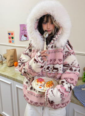 Amoeba美式复古费尔岛可拆卸毛领连帽羊羔毛夹棉加厚棉衣外套棉服