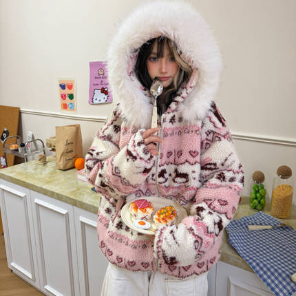 Amoeba美式复古费尔岛可拆卸毛领连帽羊羔毛夹棉加厚棉衣外套棉服