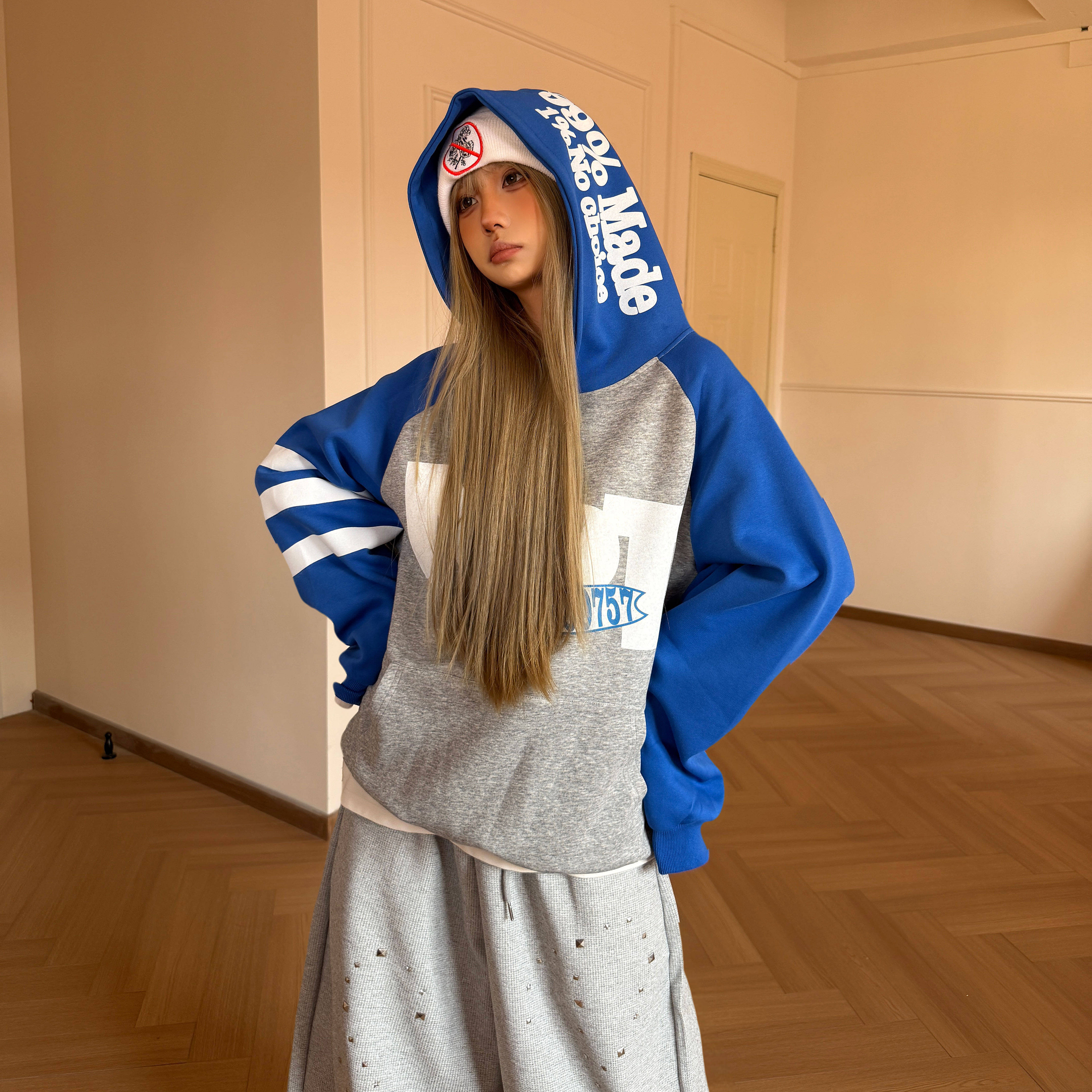 Amoeba美式复古拼接撞色条纹字母印花连帽卫衣春季宽松男女帽衫