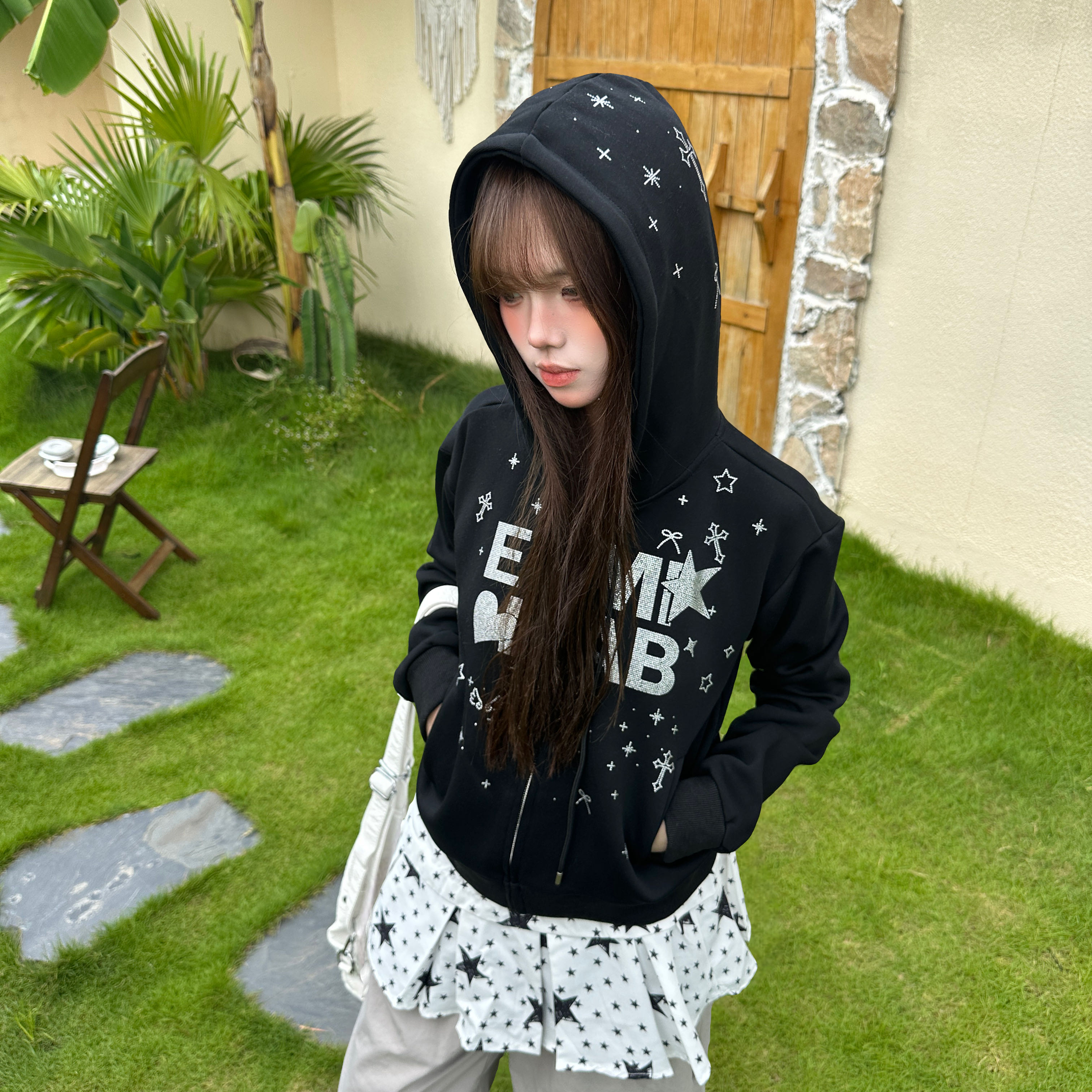 美式星星十字架烫钻卫衣外套