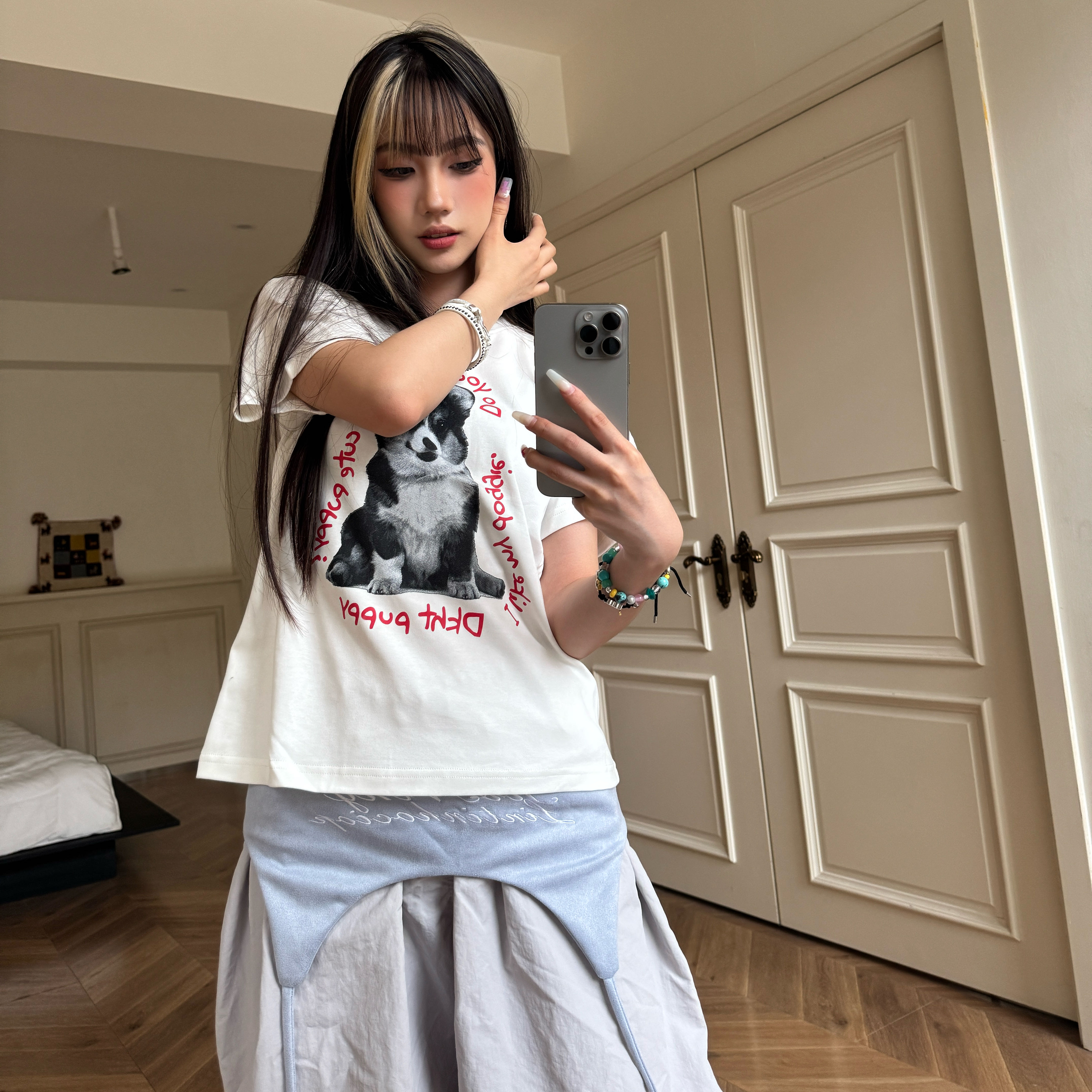 Amoeba美式复古小狗柯基印花短款正肩宽松短袖女夏季休闲T恤女