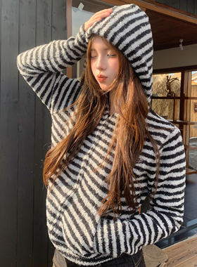 Amoeba美式复古小众拼色条纹连帽针织衫外套男女秋季宽松拉链帽衫