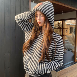 Amoeba美式复古小众拼色条纹连帽针织衫外套男女秋季宽松拉链帽衫