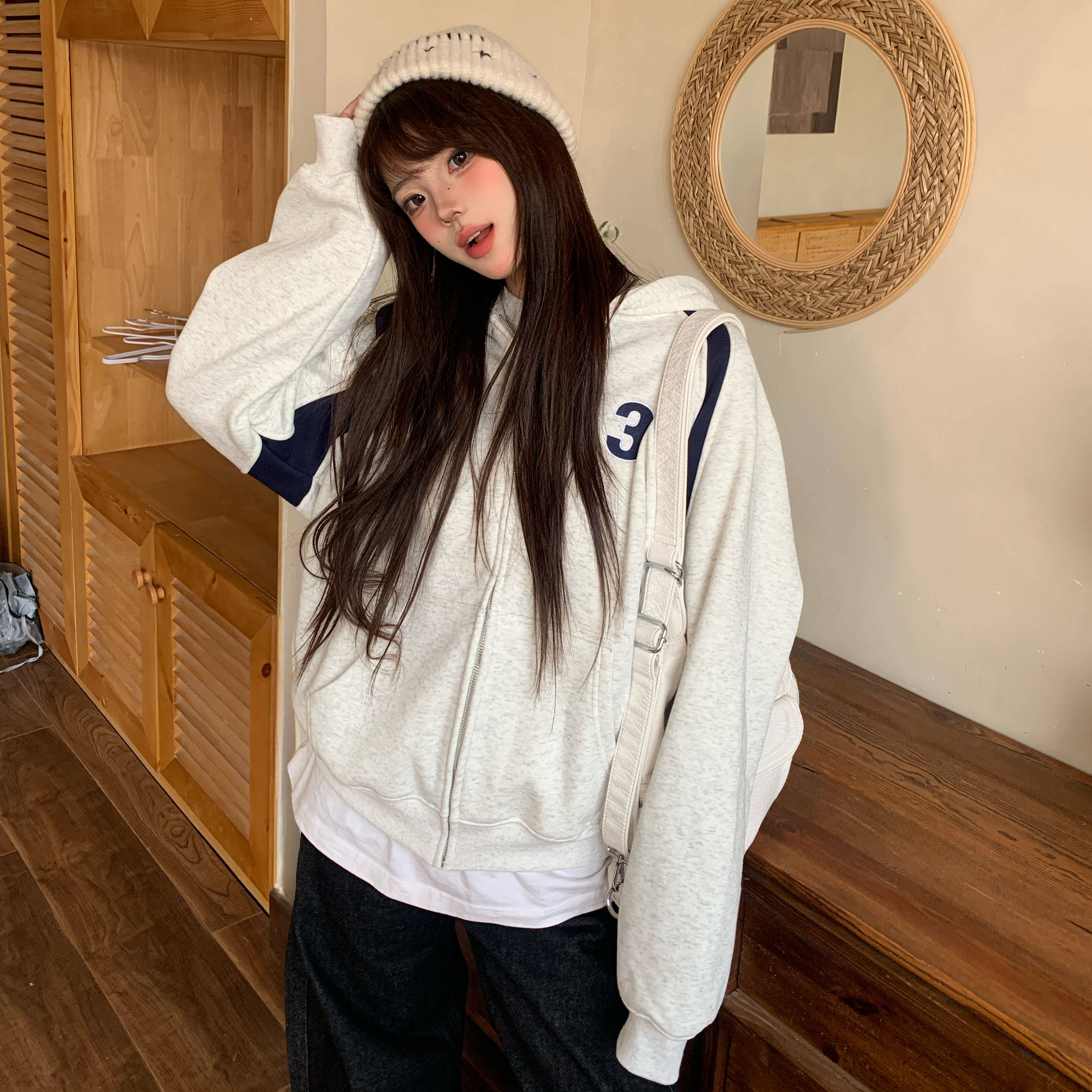 Amoeba美式复古拼接刺绣字母球衣风加绒连帽卫衣男女宽松开衫外套