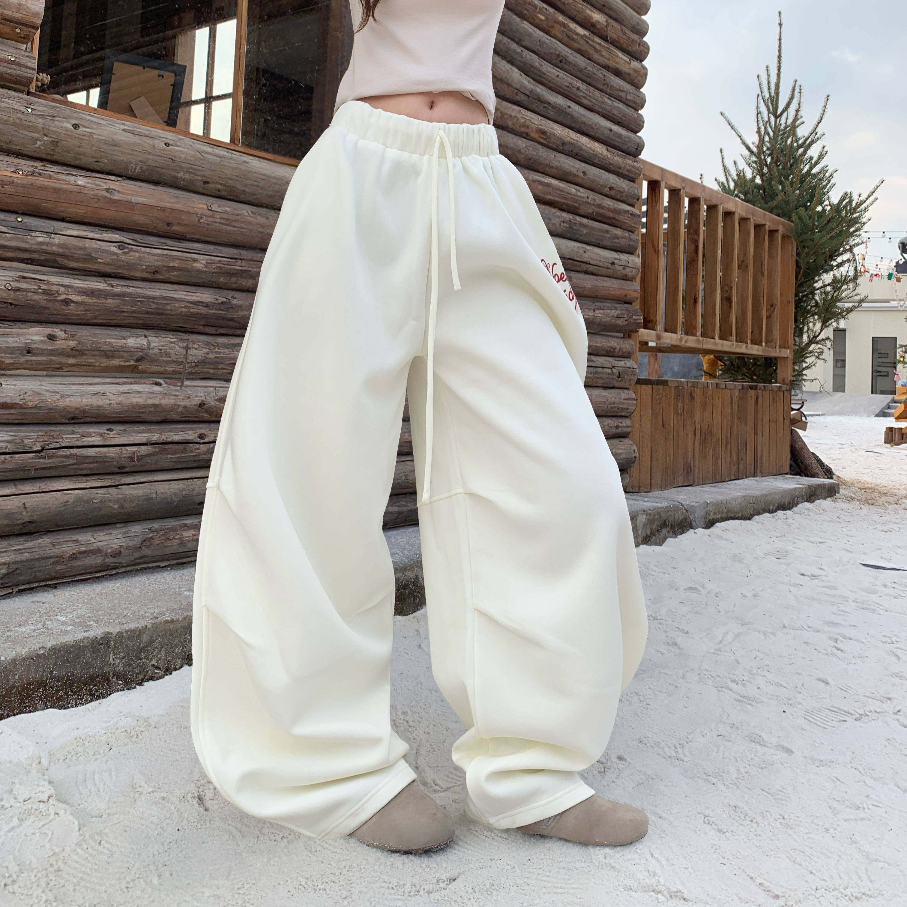 Amoeba美式复古运动奶白色休闲卫裤女宽松直筒慵懒风阔腿加绒长裤