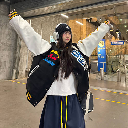 美式刺绣字母棒球服外套