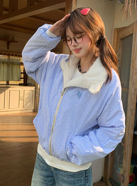 Amoeba美式复古波点条纹仿兔毛双面穿立领夹克棉服女冬季加厚外套