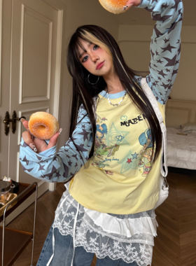Amoeba美式复古拼色星星Y2K卡通少女长袖女秋季古早轻亚T恤上衣