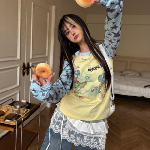 Amoeba美式复古拼色星星Y2K卡通少女长袖女秋季古早轻亚T恤上衣