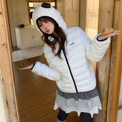 Amoeba可爱熊猫耳朵连帽排骨羽绒服50白鸭绒女冬季轻薄保暖外套