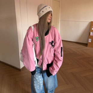 Amoeba美式复古跃马字母刺绣双面穿棒球飞行夹克男女春季宽松外套