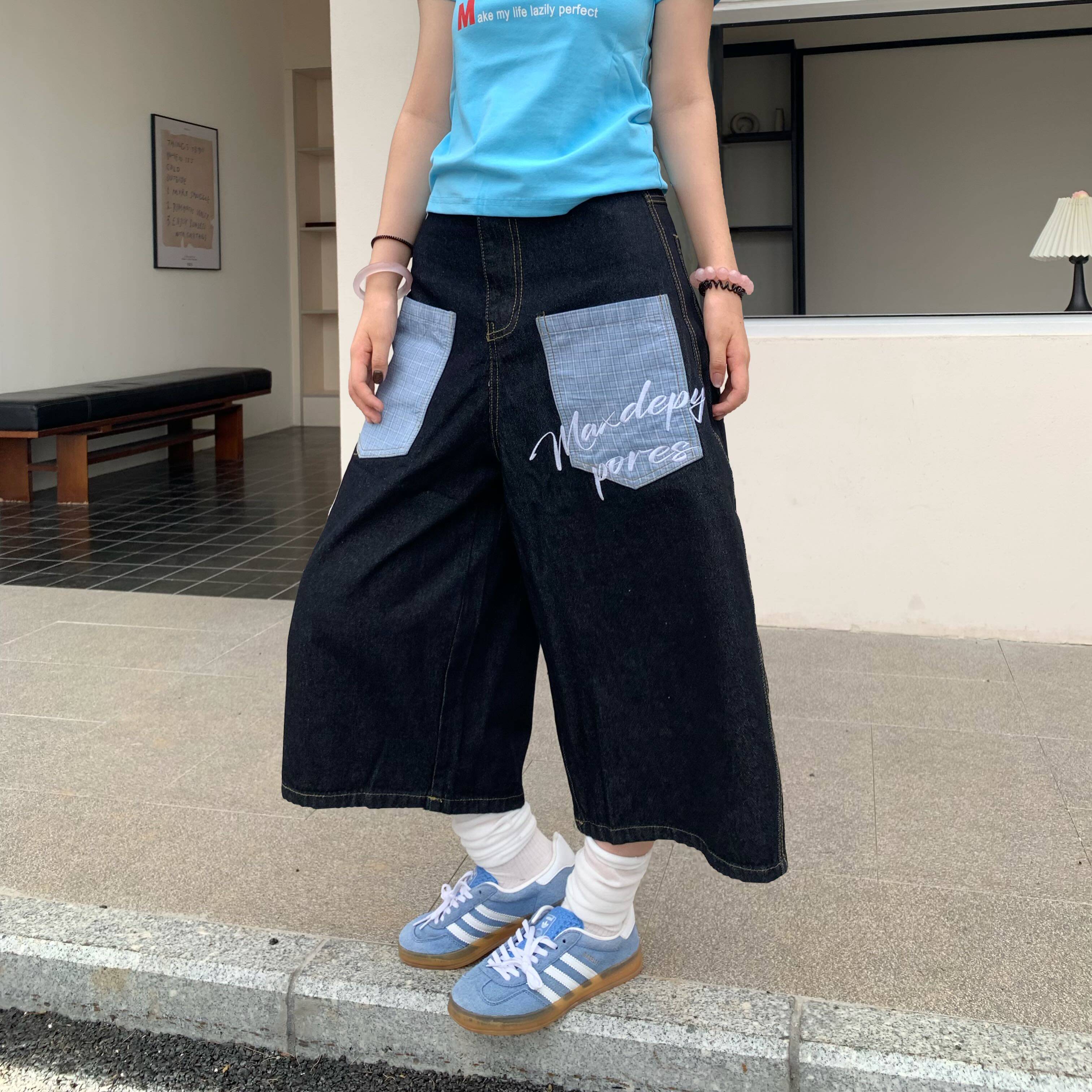 Amoeba美式复古拼接格纹刺绣字母牛仔七分裤男女夏季阔腿过膝短裤