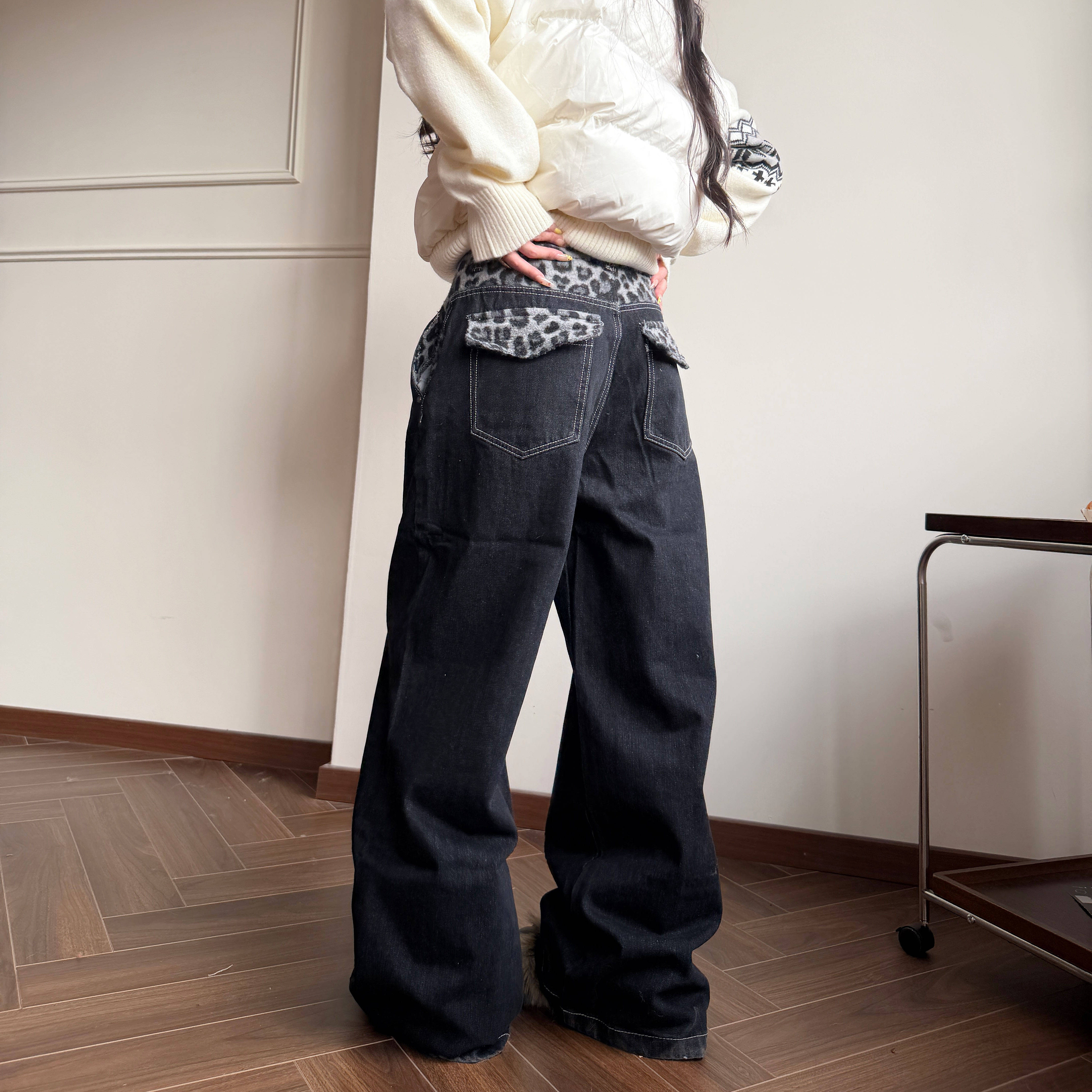 Amoeba美式复古设计感拼接豹纹宽松直筒牛仔裤女男百搭休闲长裤,女装/女士精品,牛仔裤,淘宝优惠券,粉丝福利购,淘宝优惠卷