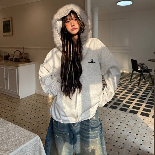 原创国潮刺绣毛领连帽卫衣外套