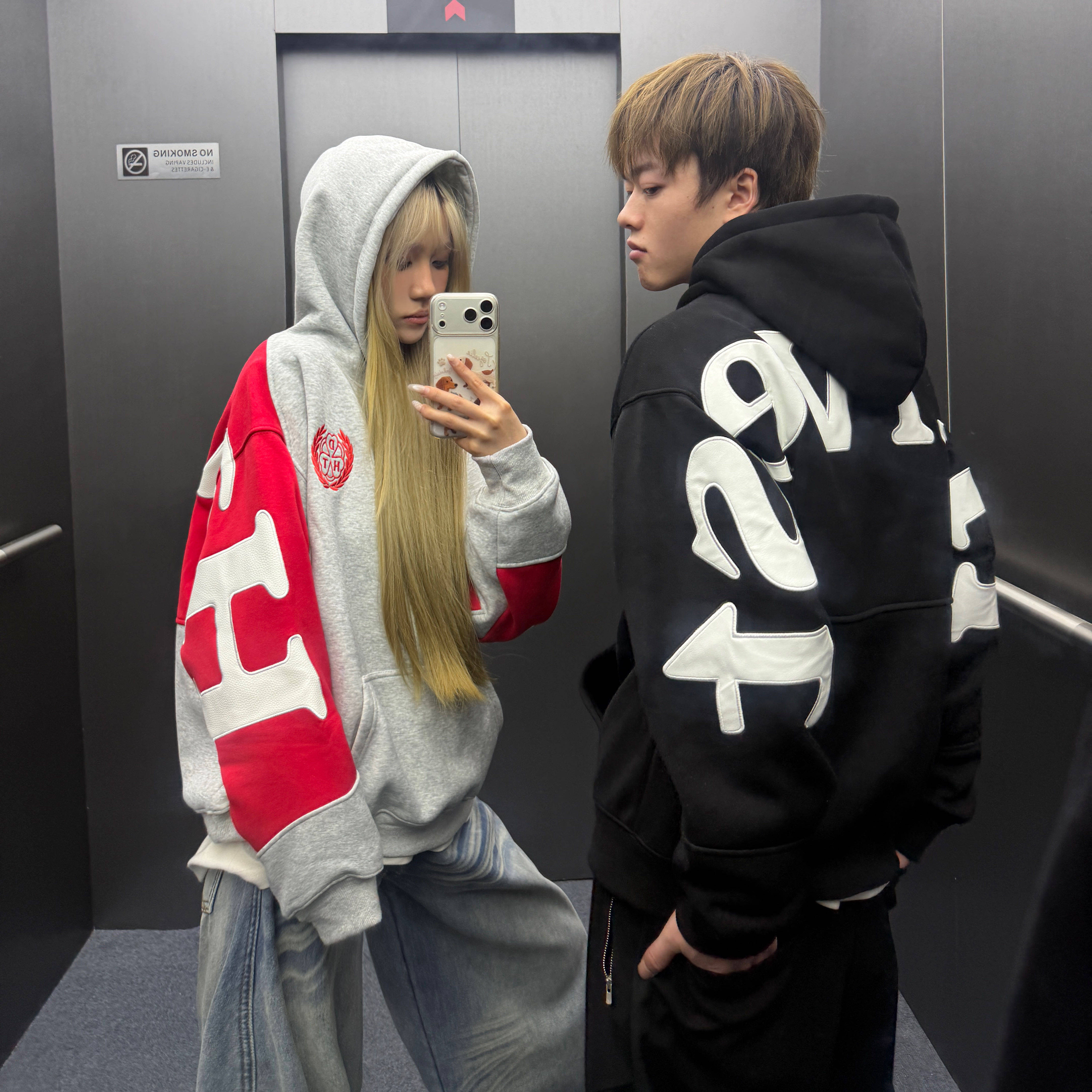 Amoeba美式复古国潮字母拼接撞色宽松情侣连帽卫衣加绒套头帽衫